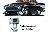 Pic of a souped up 1950s Chevy with caption “GM’s Original Ventilator” and a pic of a ventilator on wheels, with caption “GM’