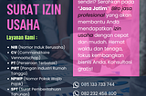 Biro Jasa Surat Izin Usaha seperti NIB, CV, PT, PIRT, NPWP, SPT,HKI, Izin Yayasan, Izin Perkumpulan, dan jenis perizinan lainnya. Hubungi “Jasa Jatim” melalui whatsapp baru 085133733744, atau whatsapp lama 082232458800, atau telegram dengan username “@jasajatim”.