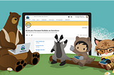 Trailhead characters Codey, Earnie, Astro, and Appy sitting on a log in front of a screen showing the Portfolio project.