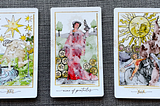 3 Tarot cards laid out from left to right: Star, Nine of Pentacles, Sun. The illustrations are based on traditional Tarot card design, but recreated in watercolor.