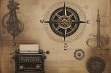 An antique typewriter over a sepia background with a huge compass in the middle