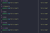 if (true){
 console.log(“it’s true”)
 }
 if (“false”){
 console.log(“it’s true”)
 }
 if ({}){
 console.log(“it’s true”)
 }
 if ([]){
 console.log(“it’s true”)
 }
 if (123){
 console.log(“it’s true”)
 }
 if (-123){
 console.log(“it’s true”)
 }