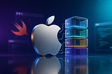 Realistic 3D render of Apple and Swift logos with layered container icons on a gradient indigo-to-teal background, symbolizing native container isolation on macOS.