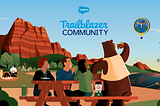 Salesforce Trailblazer Community logo: Codey taking a picture of a Trailhead Badge