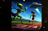 Cartoon female alien chasing a woman in a track race. Spaceship overhead.