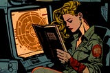 Illustration of a woman reading a book in front of an 80’s style radar screen.