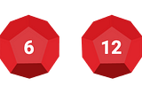 Two dices made of ruby each with 12 sides; first dice shows a 6; second dice shows a 12.