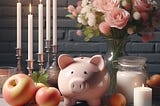 Candles, fruit, a piggy bank, coins, and flowers