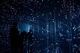 People in a futuristic art expo
