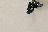 A blue green ceramic butterfly sits on the white washed wall.