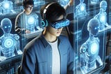 Futuristic students interacting with AI agents in mixed reality to complete assignments.