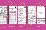 An illustration showing five wireframe app screens with arrows connecting them.