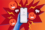 A hand holds a phone that shows a loading screen. Thumbs down and red, angry faces float around the phone.