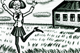 A female school inspector dancing through a field all carefree, pencil drawing