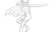 A sketch of a faceless female swordsman in a dramatic pose.