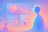 Abstract digital illustration featuring a human silhouettes and a stylized AI Agent facing a futuristic medical interface. The interface displays icons including a heart with a pulse line, a clipboard, a pill, and data elements, all rendered in soft pastel gradients of blue, pink, and orange. A DNA strand is subtly visible in the background, suggesting themes of health, genetics, and digital healthcare.