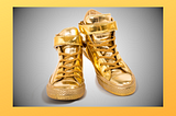 A pair of shimmering, ostentatious high-top sneakers.