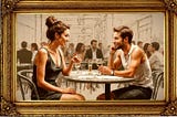 An ornate, gold-framed, AI-generated image of a young couple sitting opposite each other at a small table in a crowded bar, smiling and looking at each other.