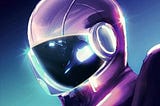 A drawing in retro style that shows a person with a space helmet on. With the use of the colors purple and blue.