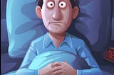 A cartoon drawing of a sleep deprived man laying in bed with eyes clicked wide open.He wears navy blue pajamas.