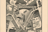 Boston Public Library M. C. Escher (1898–1972). Prints and Drawings / John D. Merriam Collection | Relativity | A few flights of stairs are shown in the photo and human figures walk defying gravity