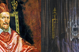Two portraits or Pone Innocent X juxtaposed, the left one a tradiotional 1650 portrait by Velasquez, the second a 1953 portraint inspired by the first by modernist painter Francis Bacon looking like a deathly horror picture.