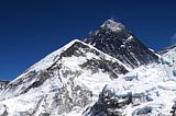 An image of snowy mountain peaks and deep blue sky.