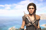 A stoic Kassandra at the start of her comically long adventure in Assassin’s Creed Odyssey.