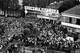 A crowd of strikers gathered at the Gdańsk Shipyard protesting justice for Anna Walentynowicz