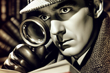 A sepia-colored photo of Sherlock Holmes examining a book with a magnifying glass.