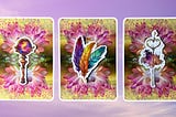Three tarot oracle pick a card piles: pile 1 — glass portal, pile 2 — colored feathers, and pile 3 — magic key