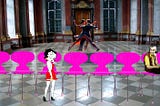 A shy man in a ballroom looks longingly at a seductive girl (Betty Boop)