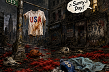 A dark and dilapidated street corner in New York City. On the ground are deflated soccer balls and basketballs. Vibrant red shaggy fur is laying all over the ground. A blue stuffed animal head is laying on the ground. Leftover stuffing is laying on the ground under it. A white T-shirt with the letters “USA” in red and blue letters is hanging off a street sign. The t-shirt is smudged by spaghetti stains. A powder blue blanket is laying next to the red fur. Someone can be heard singing from one of the buildings. A shout bubble says “Sunny Day!”