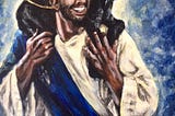 Painting of a black Jesus, dressed in traditional white and blue clothing. Jesus is smiling and holding a lamb over his shoulders.