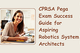 A professional woman seated at a desk, smiling while holding a pencil, with books and documents around her. The text next to her reads “CPRSA Pega Exam Success Guide for Aspiring Robotics System Architects,” accompanied by a hexagonal design element on the right.