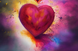 An abstract painting of a heart in deep magenta, pink and purple tones, with some gold.