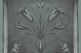 An art nouveau-inspired sketch of flowers and ravens