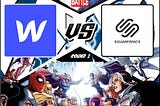 Squarespace and Webflow battling each other as an adaptation of the comic book cover Avengers versus X-Men