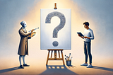 A humanoid robot artist on the left and a human with a tablet on the right face a canvas with a question mark, symbolizing the debate on AI art copyright. AI image created in Dalle 3.