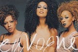 Maxine Jones, Cindy Herron-Bragg, and Terry Ellis sport their outlandish, voluminous, black-and-brown hairstyles from the “Whatever” music video while wearing flesh-toned undergarments. Where the music video stylizes them under sickly green light, this image depicts them as fashionistas in more flattering warm incandescent tones. The image was used as the cover of their follow-up single “Too Gone, Too Long.”