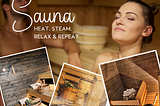 Sauna photo collage with text overlay: Sauna: heat, steam, relax & repeat