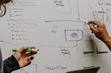 A picture of a white board where two persons are drawing plans and making strategies with purple and green pens.