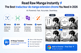 A split-screen comparison showing the AI Manga Translator Chrome extension translating a raw Japanese manga page into fluent French in real-time, preserving the original background art through advanced inpainting.