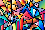 Abstract digital art featuring a vibrant mosaic of interlocking shapes with a stained glass effect, showcasing a spectrum of colors including blues, reds, yellows, and oranges.