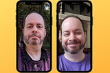 Two photos, each within a smartphone border: left shows the author with Resting Bitch Face, right shows the author with a nice smile. Yellow background behind full image.