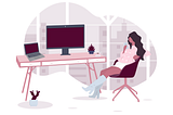 An illustration of a woman sitting by her computer desk.