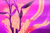 A purple, pink, and orange digital collage of a plant with paint swirls behind it, evoking energy.