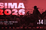 Promotional poster for the SIMA 2026 Social Impact Media Awards. Large bold text reads “SIMA 2026” over a red-toned background image of silhouetted people gathered together, some raising their hands. At the bottom, text reads: “SIMAawards.com — Call for Entries, Sept. 9 — Oct. 9, 2025.” Additional partner logos are displayed along the bottom edge.