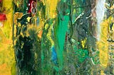 An abstract oil painting, different shades of green and yellow nearly bleeding to red.