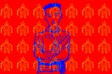 Illustration of a man in a straitjacket with an overlaying pattern of robots covering the whole image.